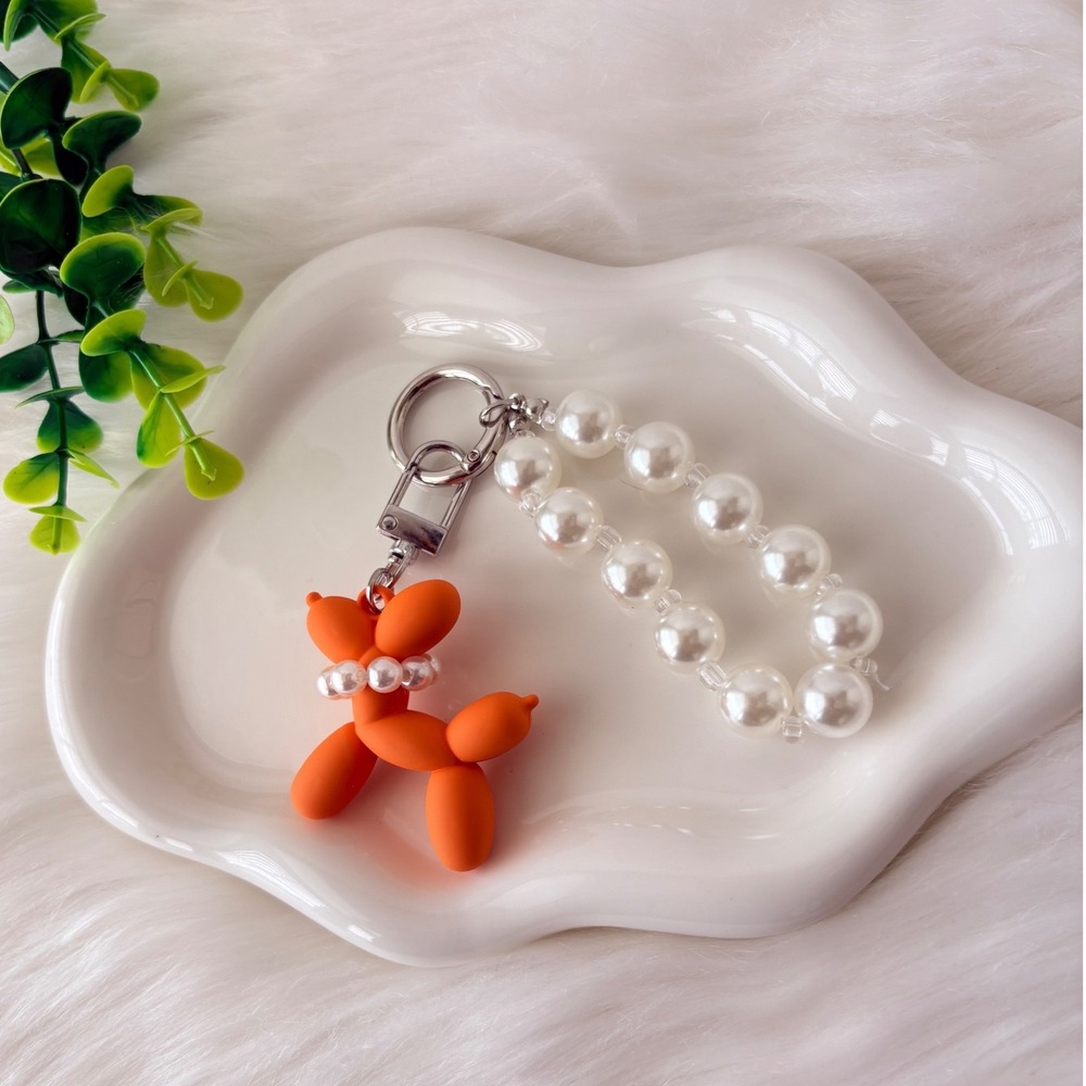 Orange Balloon Dog Keychain/ Bag Charm Pearl Detail - Picture 4 of 5